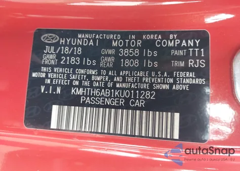 2019 Hyundai Veloster Turbo Ultimate из США, поврежденный, VIN KMHTH6AB1KU011282